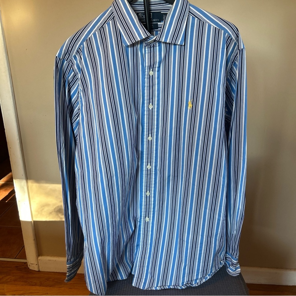 Ralph Lauren Men’s Polo Stanton Button Down Shirt Blue White Stripe Logo Size XL